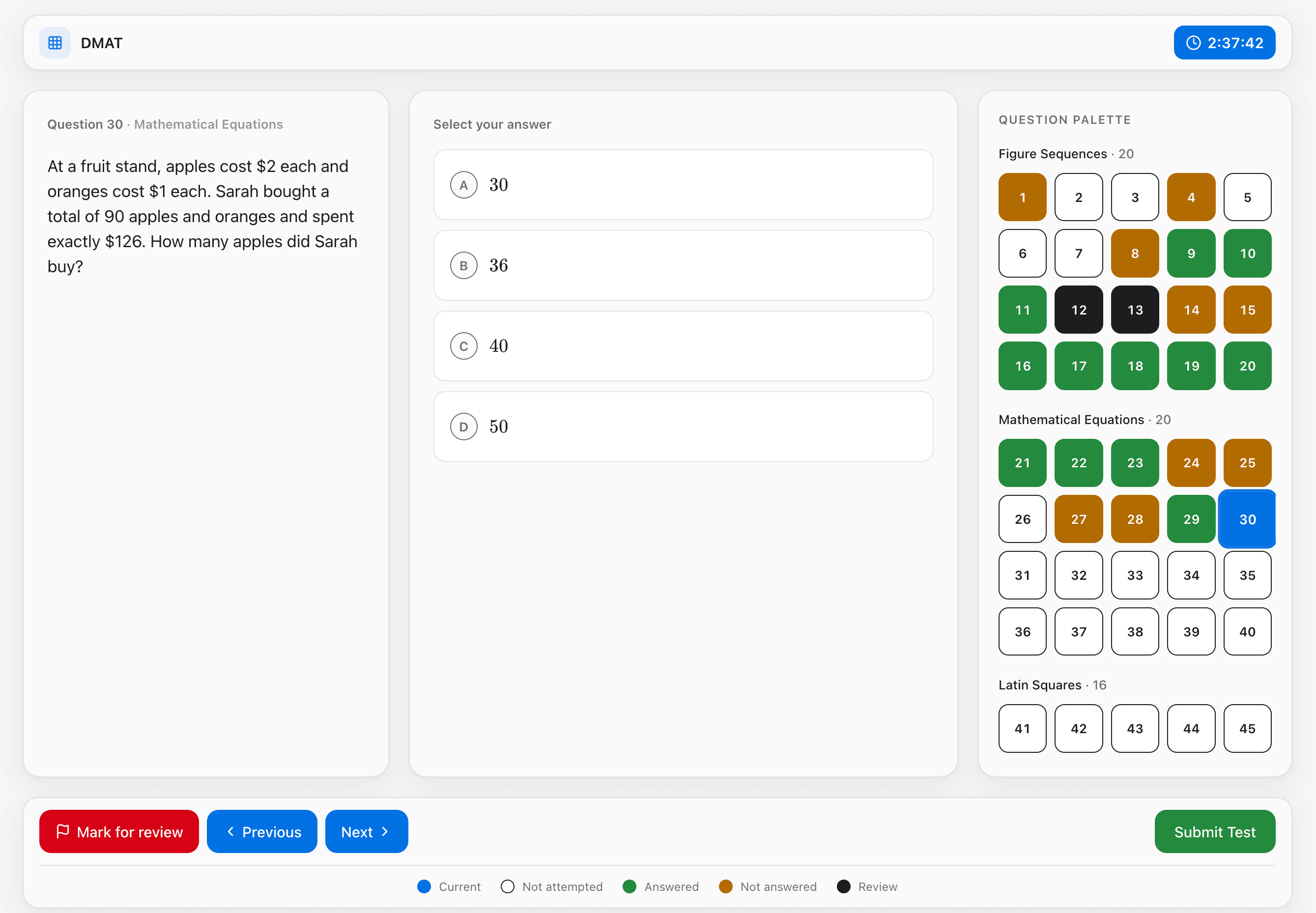 The AdmitVerse dMAT mock test interface: question 30 from the Mathematical Equations section on the left, four single-choice answers in the centre, and a question palette on the right grouped into Figure Sequences (20), Mathematical Equations (20) and Latin Squares (16), with a countdown clock reading 2:37:42 and Mark for review, Previous, Next and Submit Test controls.